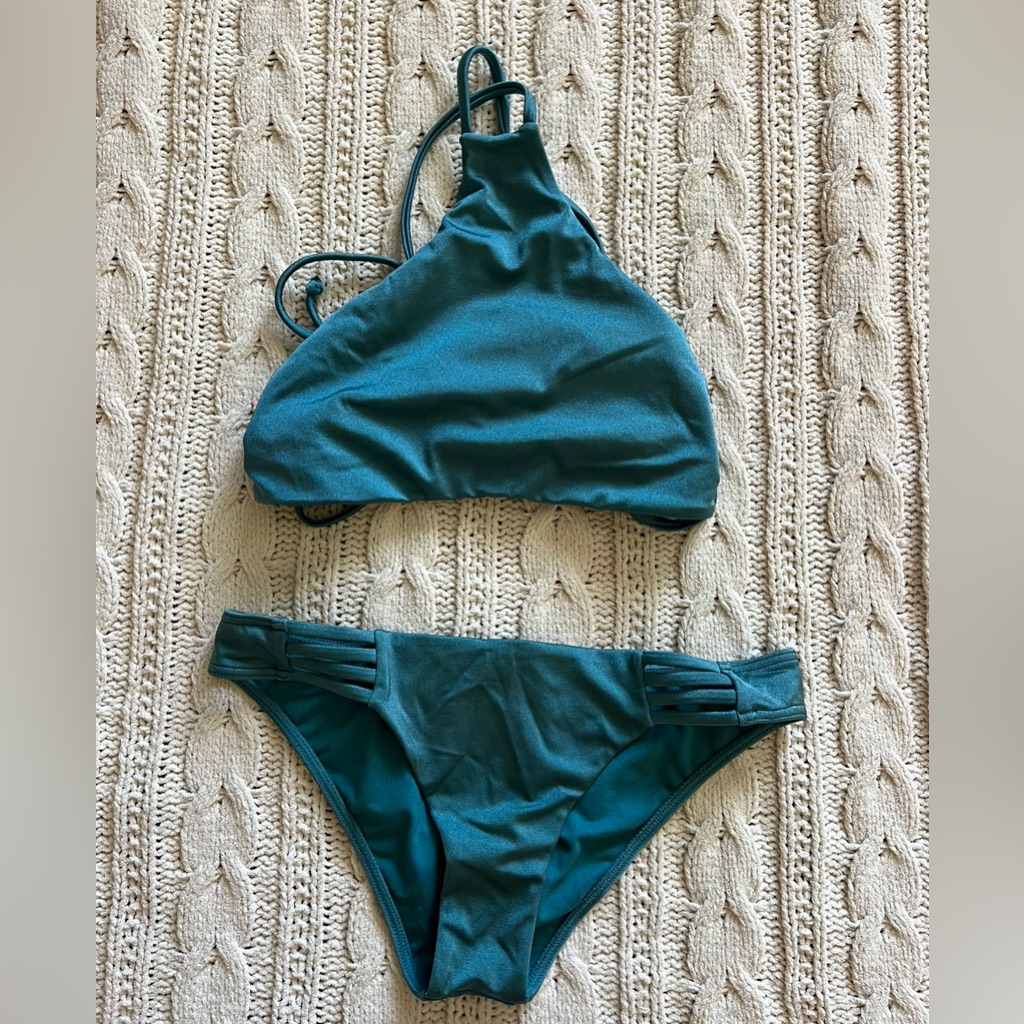 Nwot Billabong Teal Shimmer 2 Piece Bikini, Triangle Top W/String Back, Xs/S